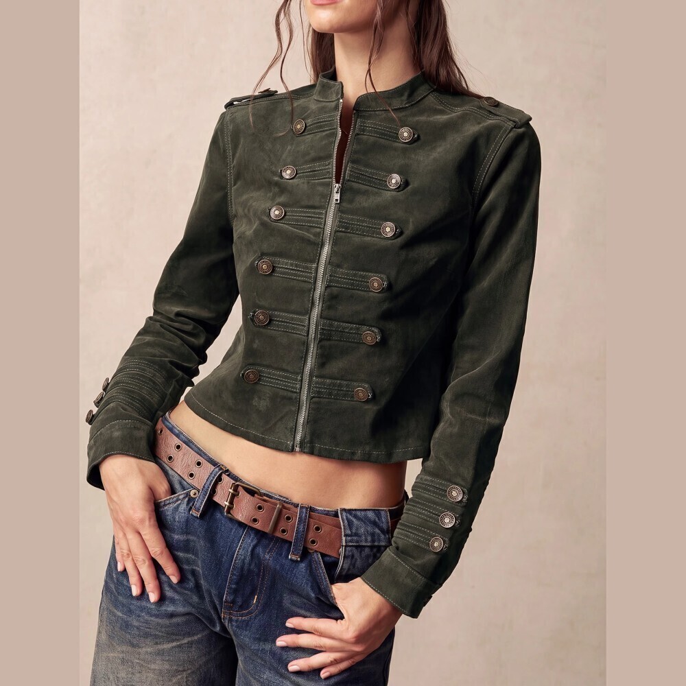 Olive Green Faux Suede Military Band Jacket w/ Antique Button Trim & Stand